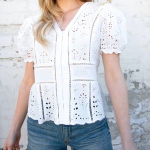 LIV Los Angeles 100% Cotton White Eyelet Crochet Short Sleeve Button Top Size M